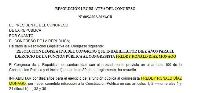 Resolución oficializa inhabilitación de Freddy Díaz por 10 años en el ejercicio del cargo público. (Foto: Captura)