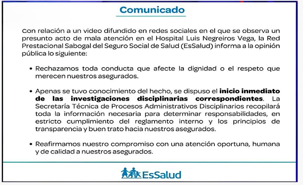 Comunicado tras el incidente en el hospital Luis Negreiros Vega. (Foto: EsSalud)
