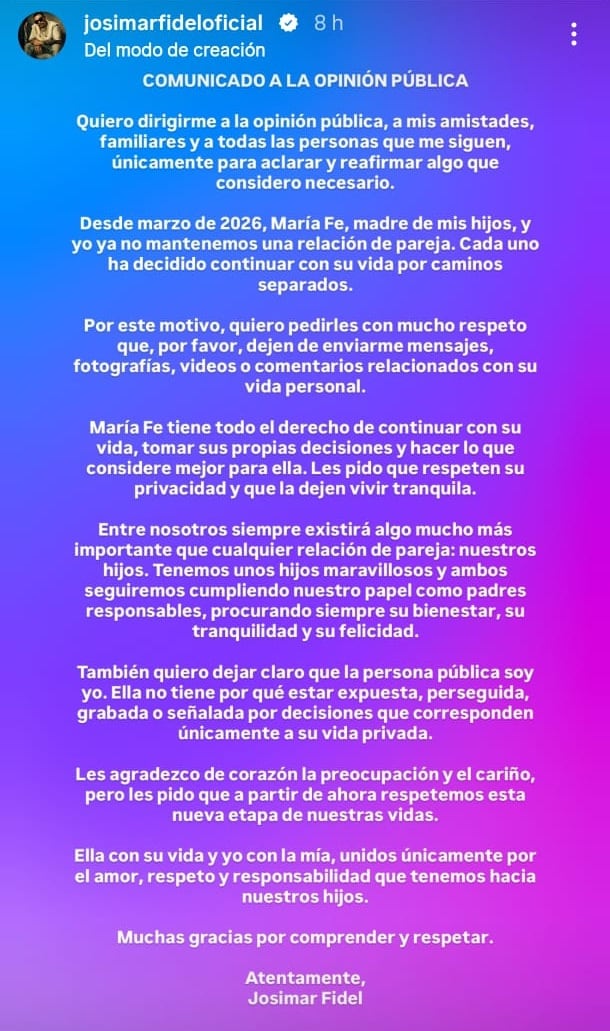 Josimar recuerda que está separado de María Fe Saldaña y dejó en claro que la persona pública es él.