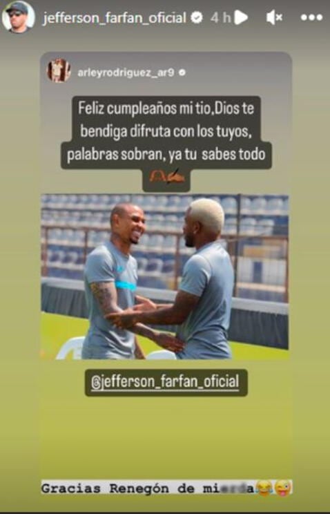 Alianza Lima: Jefferson Farfán recibió el saludo cumpleañero de Arley Rodríguez. Foto: Instagram.