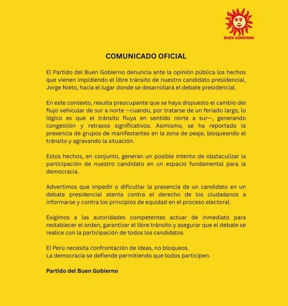 Por medio de un comunicado, el Partido del Buen Gobierno intenta justificar que su candidato Jorge Nieto esté tarde para el debate presidencial.