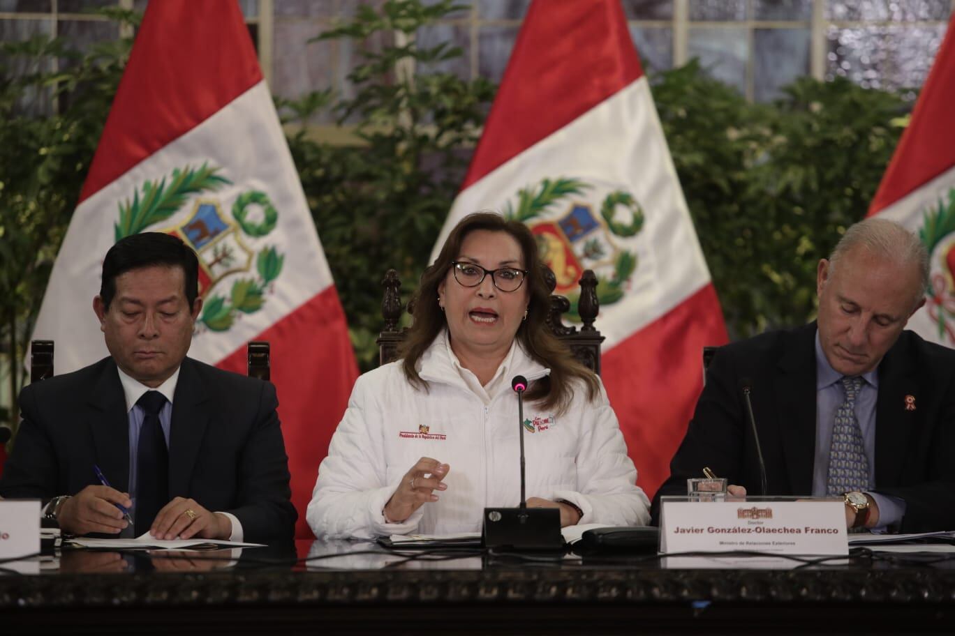 Conferencia de prensa de la presidenta de la república Dina Boluarte acompañada de algunos ministros en palacio de gobierno. Fotos: Anthony Niño de Guzmán/ @photo.gec