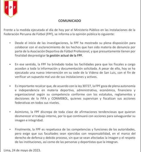 Fiscalía volvió a hacer un allanamiento en las instalaciones de la FPF en la Videna. Foto: Captura.