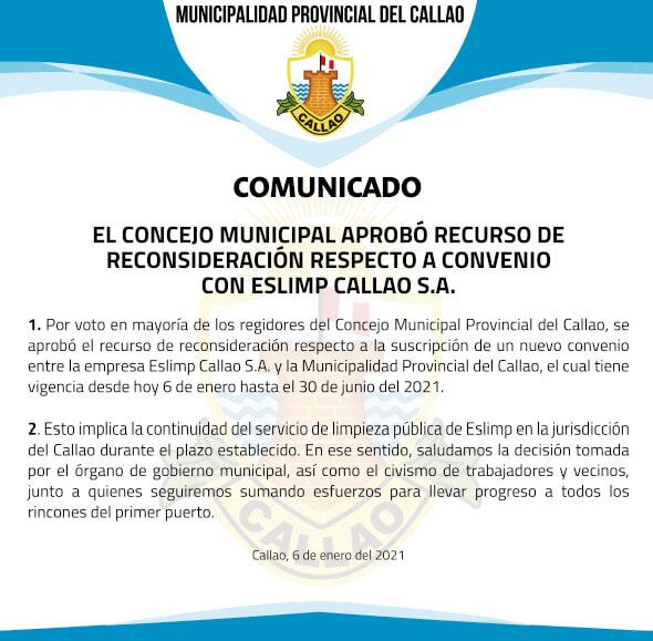 Comunicado de la Municipalidad Provincial del Callao.