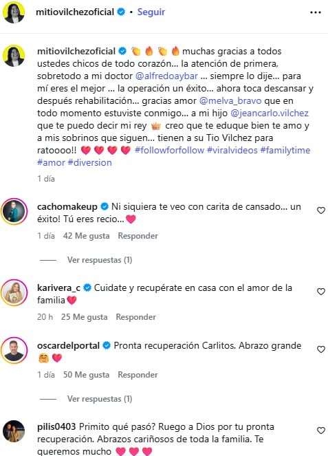 Comentarios en la publicación de Carlos Vílchez.