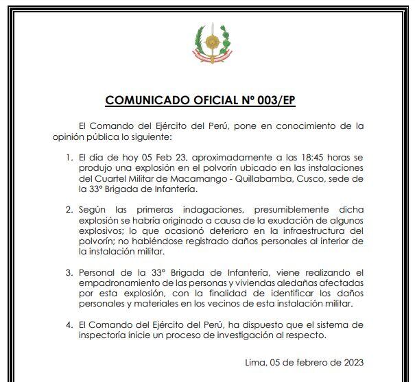 Este es el comunicado del Ejército del Perú en el Cuartel Militar de Macamango.