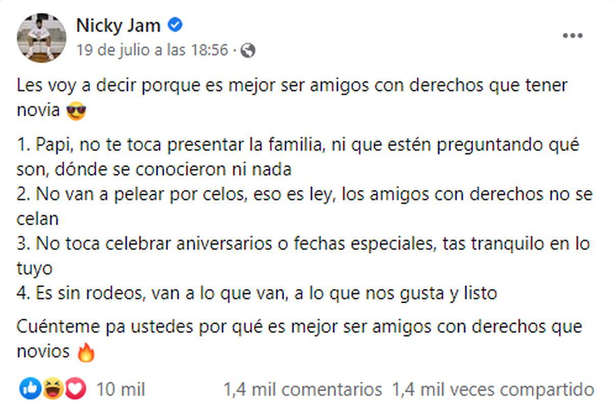 Los beneficios de no tener una novia, según el cantante (Foto: Nicky Jam / Facebook)