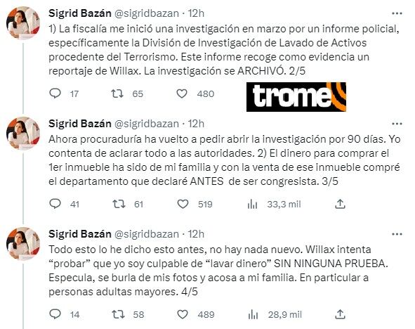 Sigrid Bazán reponde por pedido de investigación de Fiscalía.