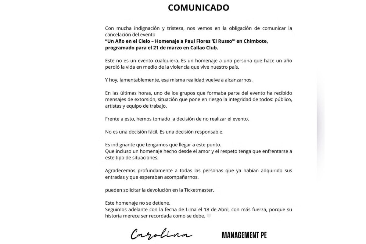 Viuda de Paul Flores firmó comunicado lamentado las razones de la cancelación (imagen @carolinajaramillo)