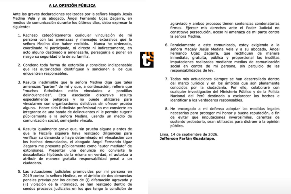 Jefferson Farfán rechaza vinculación con amenazas a Magaly Medina y exige rectificación pública.