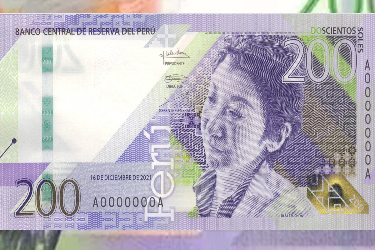 El color predominante en el nuevo billete de 200 soles es el lavanda, está impreso en algodón y manteniene las mismas dimensiones que los billetes actuales.