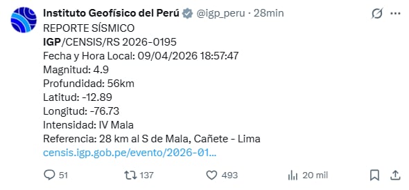 IGP confirma sismo en Cañete este jueves 9 de abril de 2026.