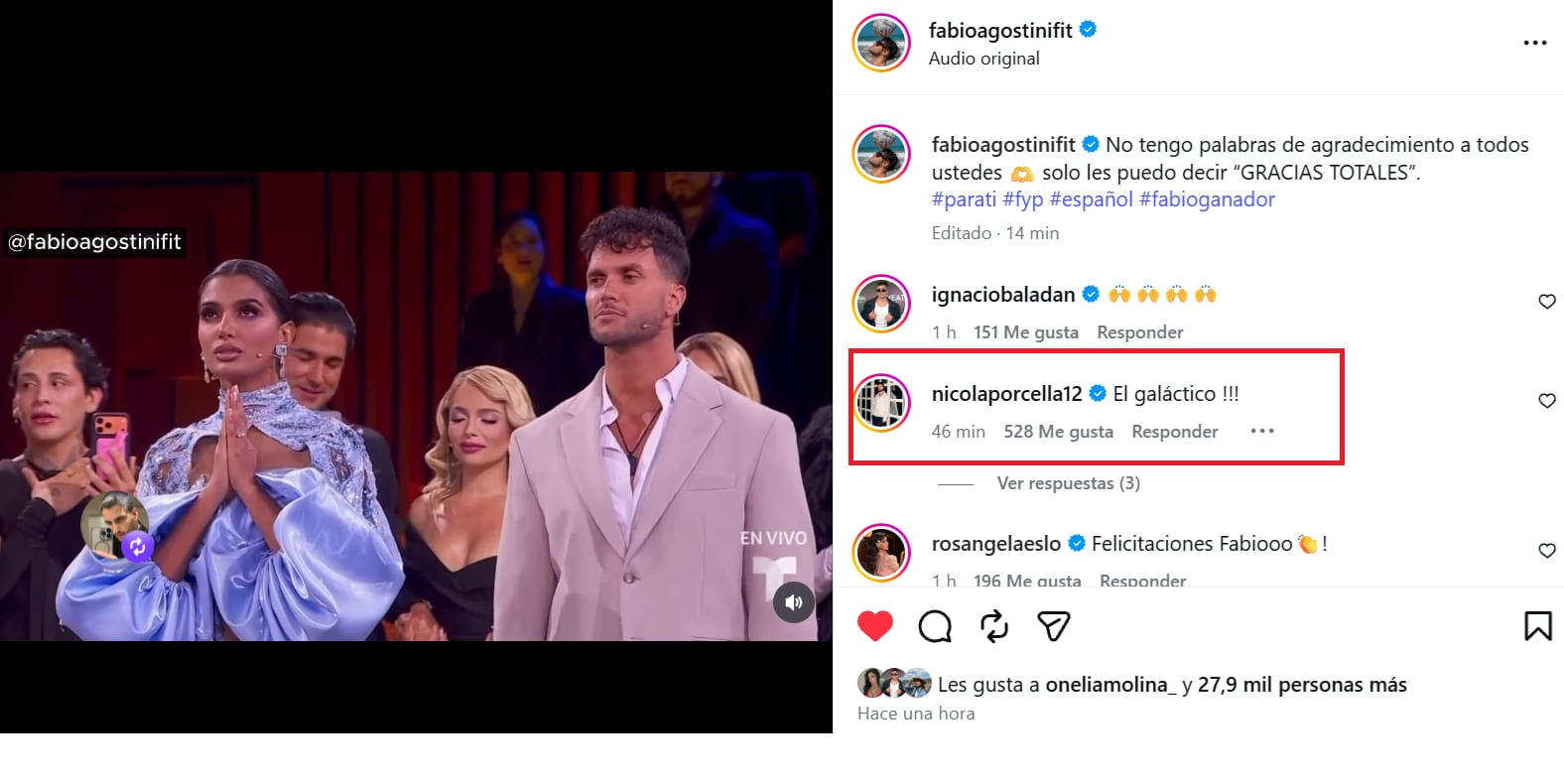 Nicola Porcella celebra que Fabio Agostini haya ganado 'La Casa de los Famosos 6'.