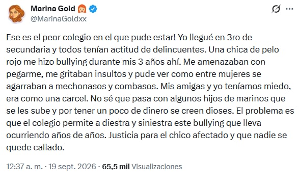 Marina Gold revela episodio de bullying que vivió en el colegio Liceo Naval Almirante Guise.
