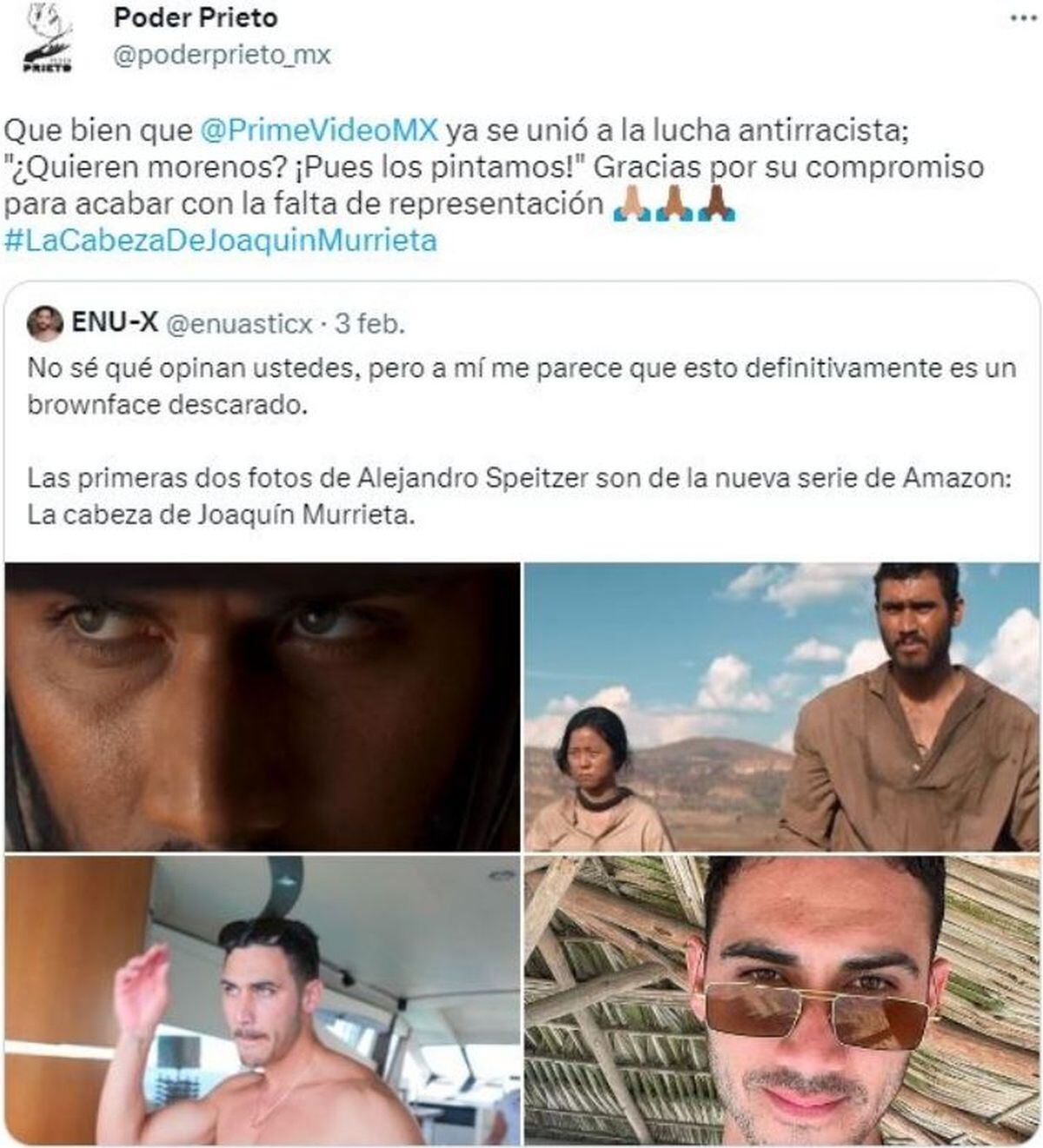 La publicación del movimiento criticando a la serie "La cabeza de Joaquín Murrieta", donde actúa Alejandro Speitzer (Foto: Poder Prieto / Twitter)