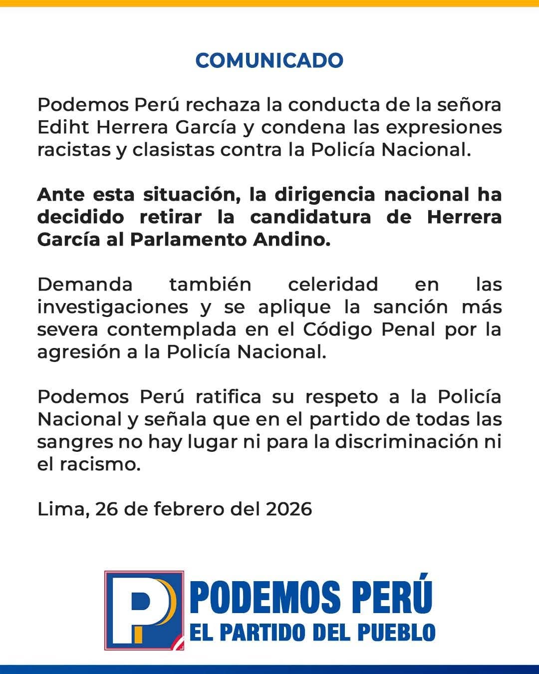 Podemos Perú anuncia retiro de candidata al Parlamento Andino, Edith Herrera, por comentarios racistas a policías tras detención.