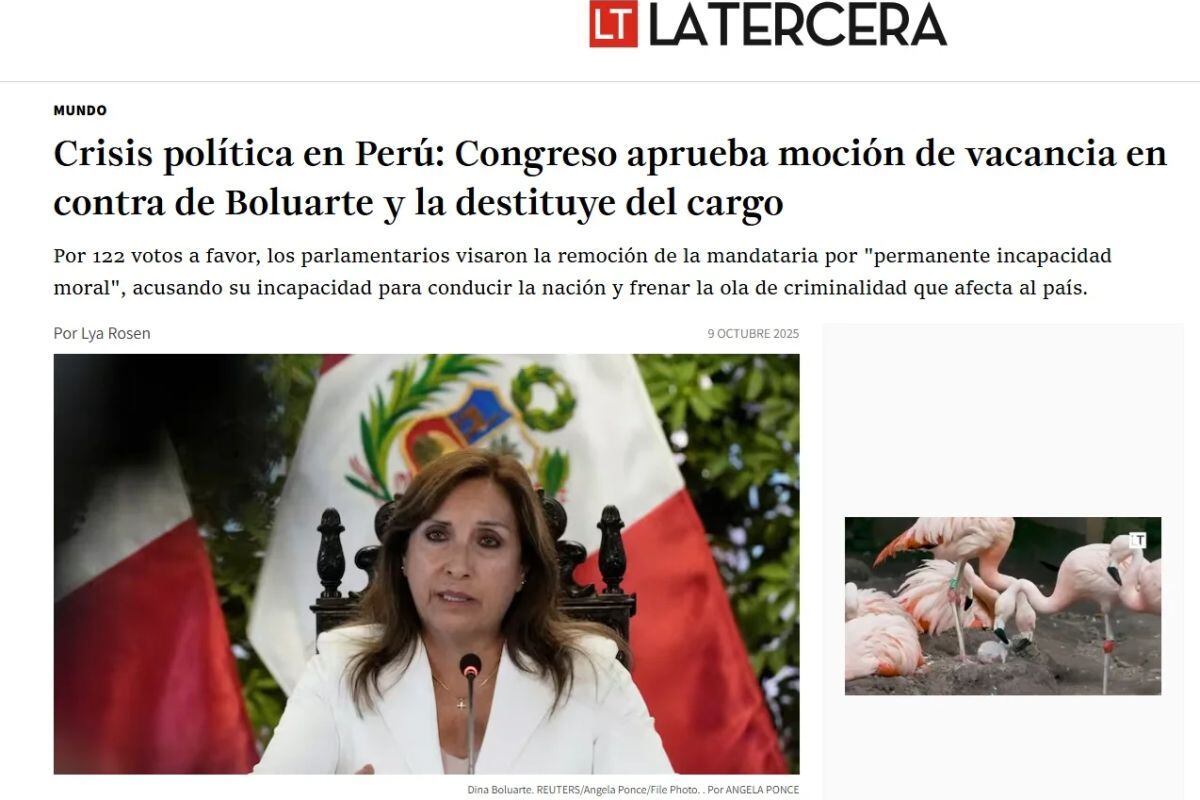 La Tercera de Chile informa sobre la vacancia de Dina Boluarte como presidenta del Perú. Foto: La Tercera