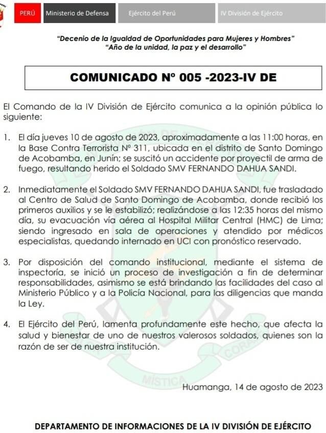 Comunicado del Ejército del Perú.