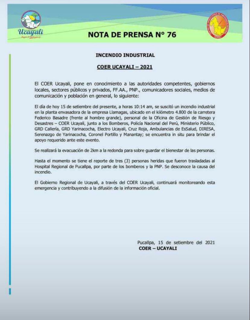 Nota de prensa del COER de Ucayali sobre el incendio en la planta envasadora de gas.
