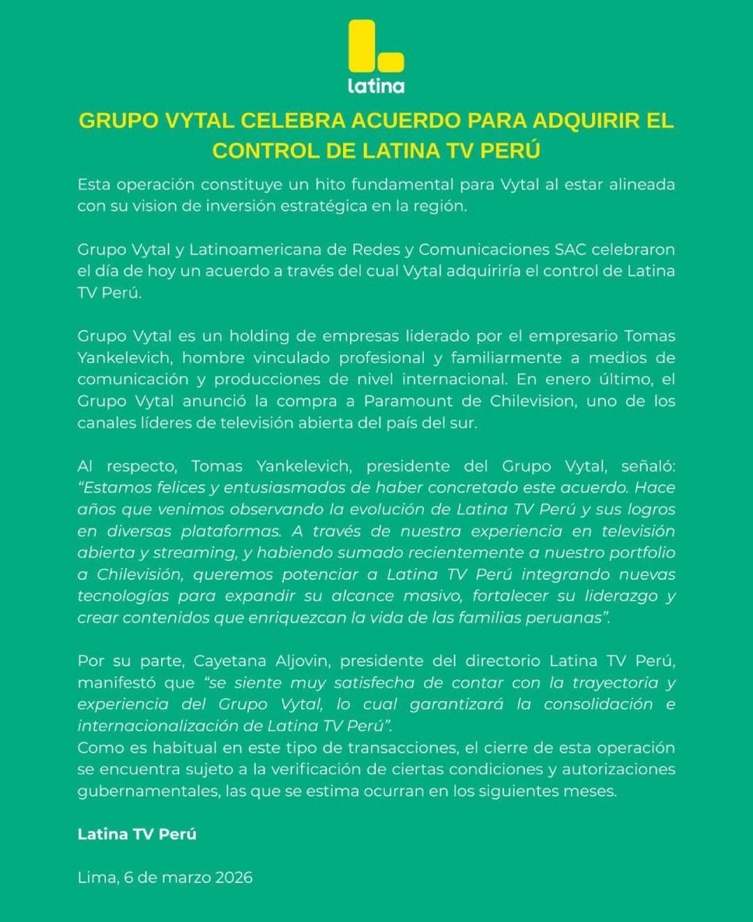 Comunicado sobre la venta de Latina