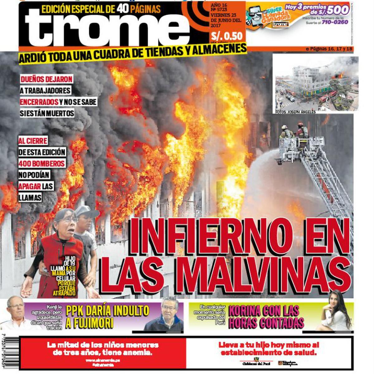 Portada del diario Trome informando sobre el incendio en Las Malvinas