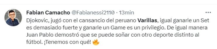 Cibernautas llenan de halagos a Varillas tras encuentro con Djokovic. (Foto: Twitter).