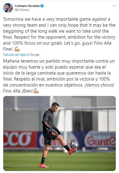 El mensaje de Cristiano Ronaldo en Twitter.