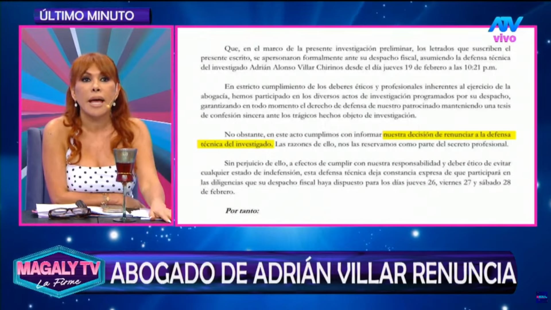 Abogado de Adrián Villar decide renunciar a su caso. (Fuente: ATV)