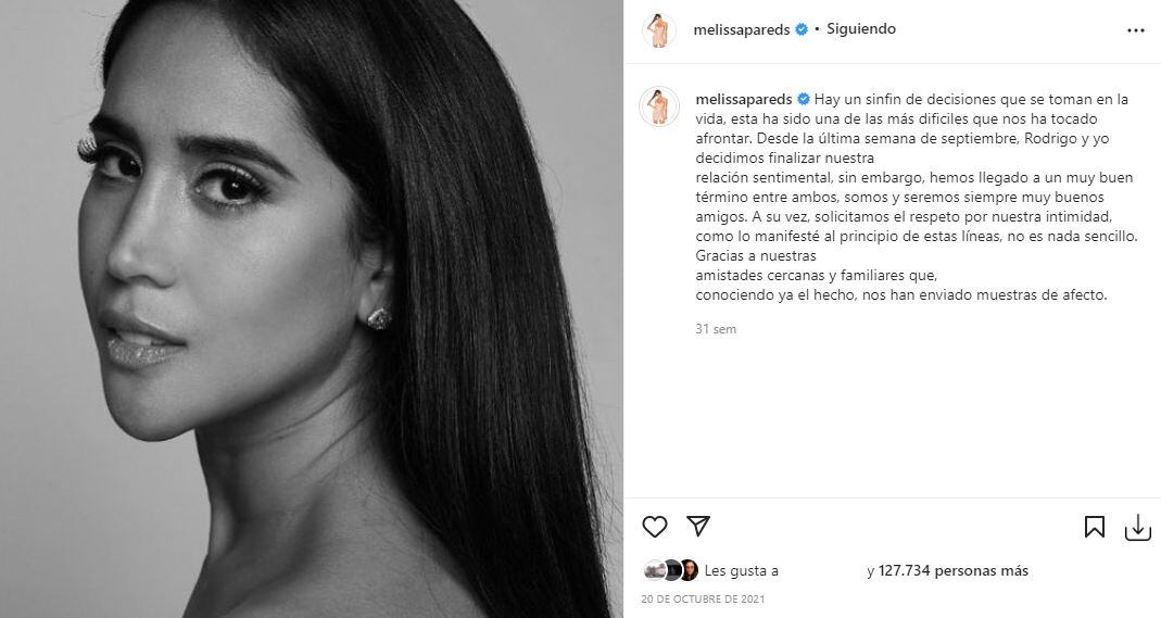 La modelo Melissa Paredes compartió este comunicado para dar a conocer el fin de su relación con Rodrigo Cuba. (Foto: Instagram)