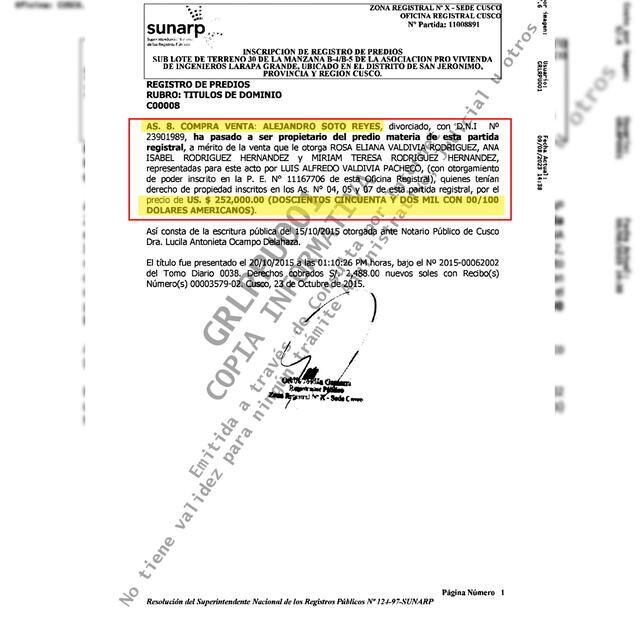 Registro de la compra de la residencia, que fue adquirida al contado.