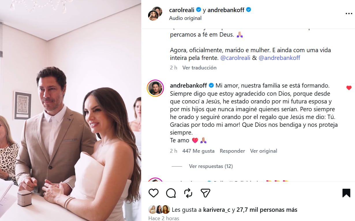 André Bankoff le escribe hermoso mensaje a Carol Reali tras confirmar que se casaron por civil.
