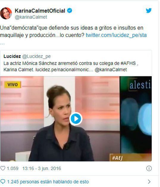 La histrionisa respondió las acusaciones que Sánchez le sindicó en un conocido programa televisivo (Foto: Karina Calmet / Twitter)