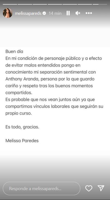 Melissa Paredes anunció el fin de su relación con Anthony Aranda con escueto comunicado. (Foto: Captura de IG)