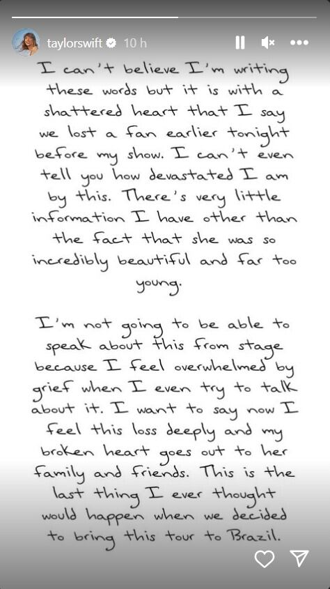 Taylor Swift le dedicó una carta a Ana Benevides (Captura: Instagram).