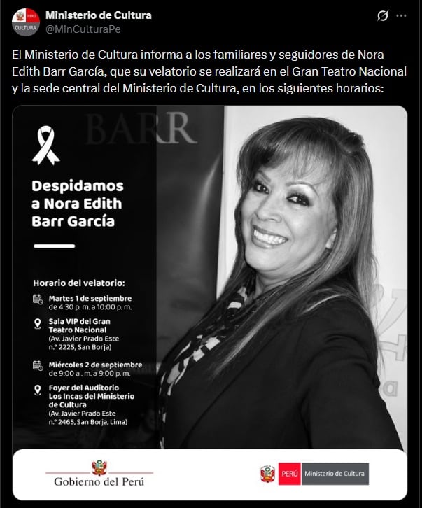 Ministerio de Cultura brindó información sobre el velorio de Edith Bar.