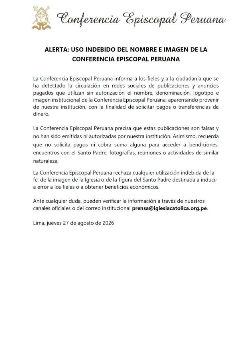 La alerta fue difundida luego de detectar publicaciones y anuncios pagados que aparentan ser oficiales. Foto: Conferencia Episcopal Peruana.