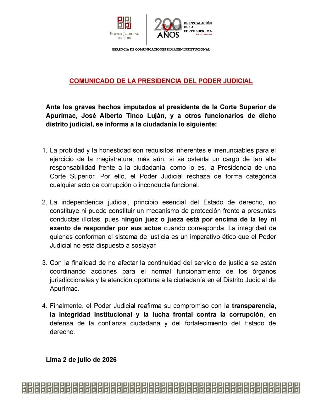 Comunicado del Poder Judicial sobre el caso del presidente de la Corte Superior de Justicia de Apurímac