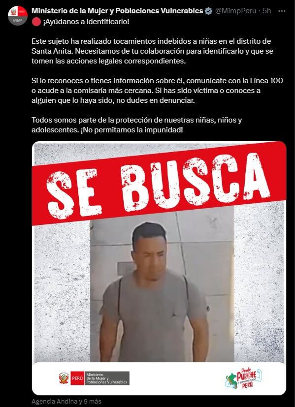 Ministerio de la Mujer y Poblaciones Vulnerables pidió a las personas que conozcan a estar persona denunciarlo.