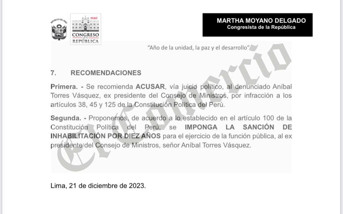 Informe final de la Subcomisión de Acusaciones Constitucionales del Congreso recomienda inhabilitar por 10 años a Aníbal Torres.