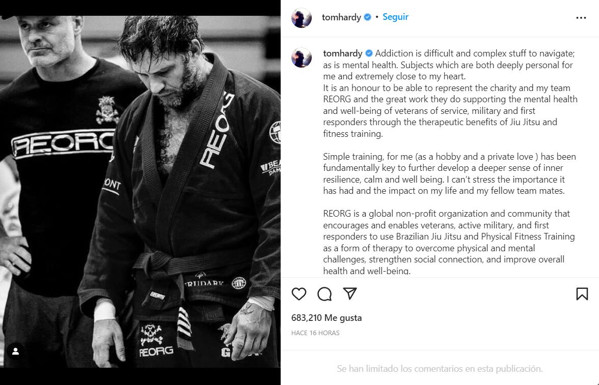 El actor se sincera en Instagram sobre cómo se siente cuando entrena artes marciales. (ig: @tomhardy)