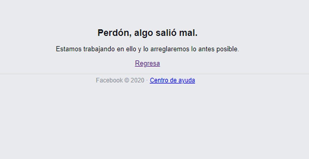 El mensaje de Facebook cuando comenzó a presentar errores. (Foto: Facebook)