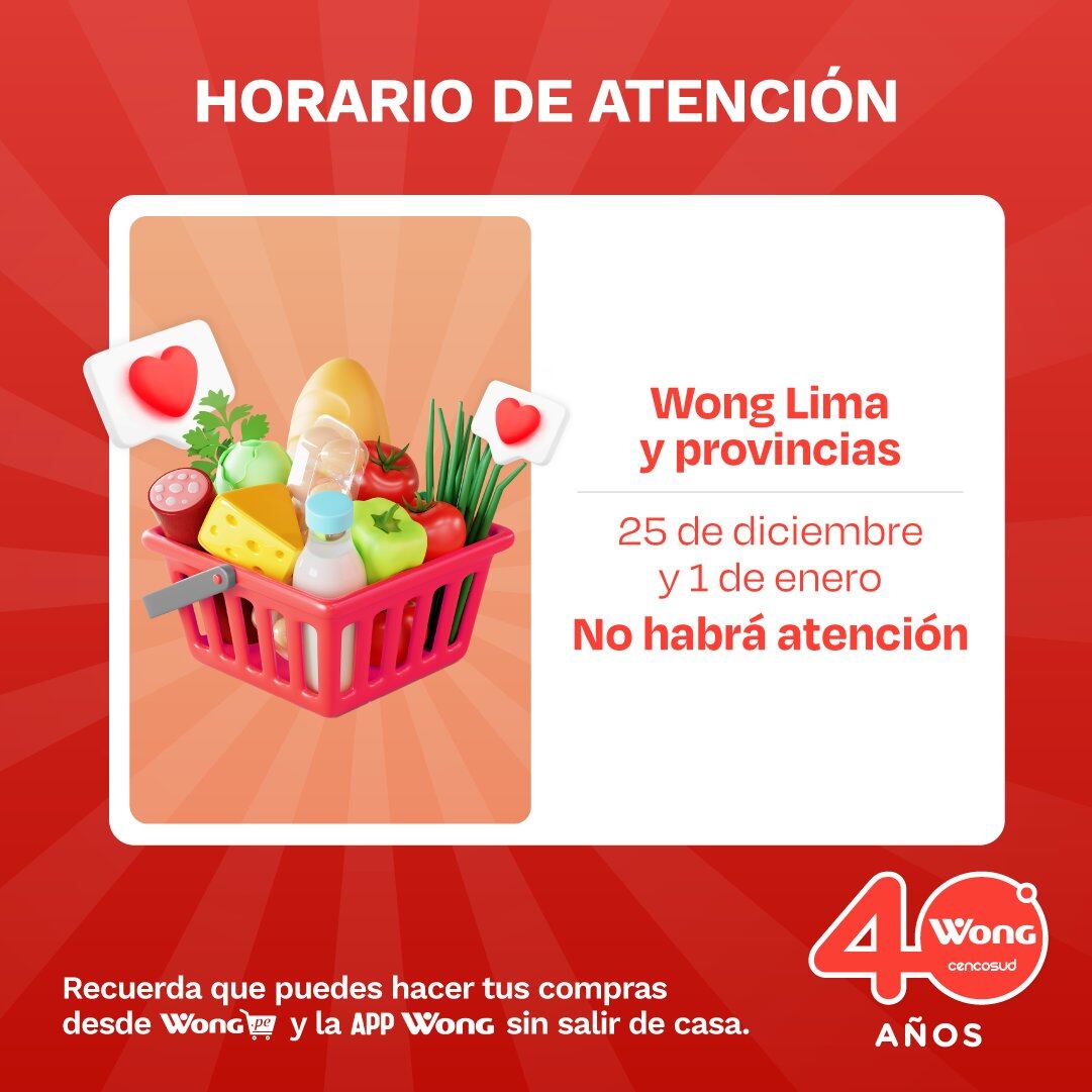 Horarios de Wong este domingo 24 y lunes 25 por Navidad.