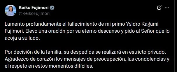 Keiko Fujimori se pronunció por la muerte de su familiar. (@KeikoFujimori)