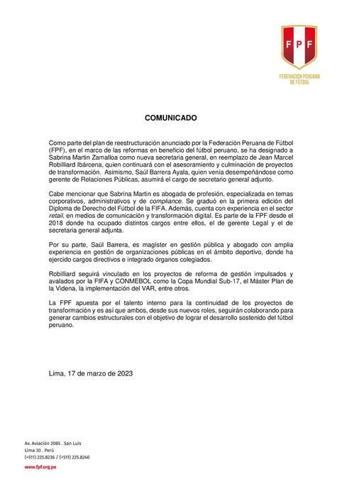 FPF anunció que Sabrina Martin Zamalloa reemplazará a Jean Marcel Robilliard. Foto: Captura.