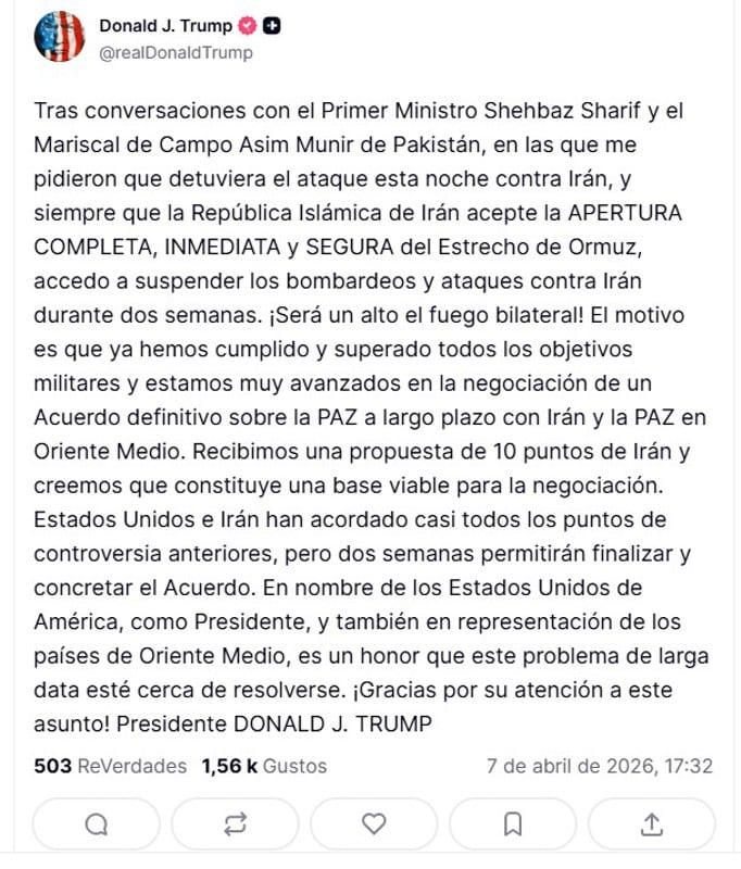 AME969. BOGOTÁ (COLOMBIA), 07/04/2026.- Captura de una publicación en la cuenta @realDonaldTrump en Truth Social del presidente de EE.UU., Donald Trump, este martes que anuncia el aplazamiento por dos semanas el ataque contra las infraestructuras críticas iraníes. EFE/ @realDonaldTrump /SOLO USO EDITORIAL/ SOLO DISPONIBLE PARA ILUSTRAR LA NOTICIA QUE ACOMPAÑA (CRÉDITO OBLIGATORIO)