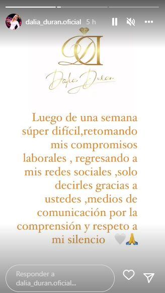 Dalia Durán compartió este comunicado en sus redes sociales. (Foto: Instagram)