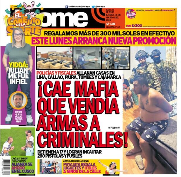 Portada impresa de Trome del jueves 14 de marzo de 2024