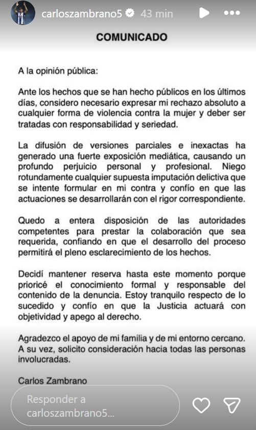 Carlos Zambrano emite comunicado tras denuncia por presunto abuso sexual.