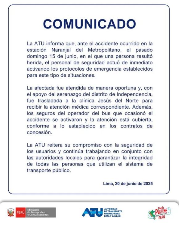 La Autoridad de Transporte Urbano de Lima y Callao (ATU) emitió comunicado tras accidente en la estación Naranjal del Metropolitano.