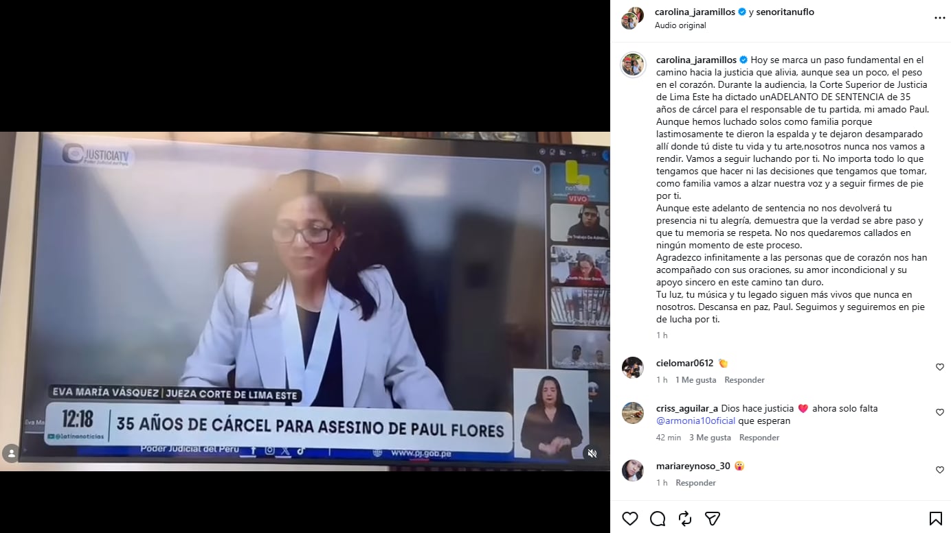 Carolina Jaramillo se pronunció tras el fallo que marca un nuevo capítulo en el caso que conmocionó a la música peruana.